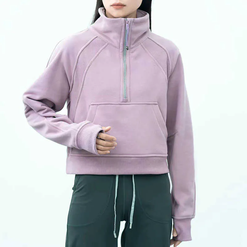 Women's Korean Style Yoga Half Zipper Sweatshirt with Fleece Thumb Hole - Trendy Hoodie Fashion for Running and Sports Activities