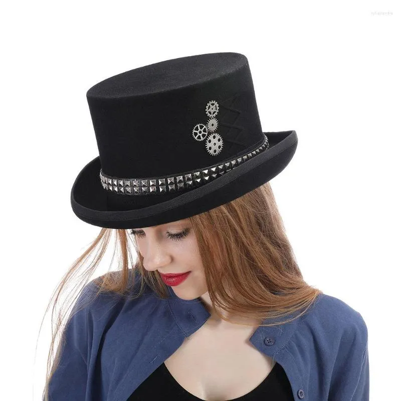 Berretti Lana Nero Donna Uomo Steampunk Top Hat Steam Punk Gear Fedora Cosplay Show