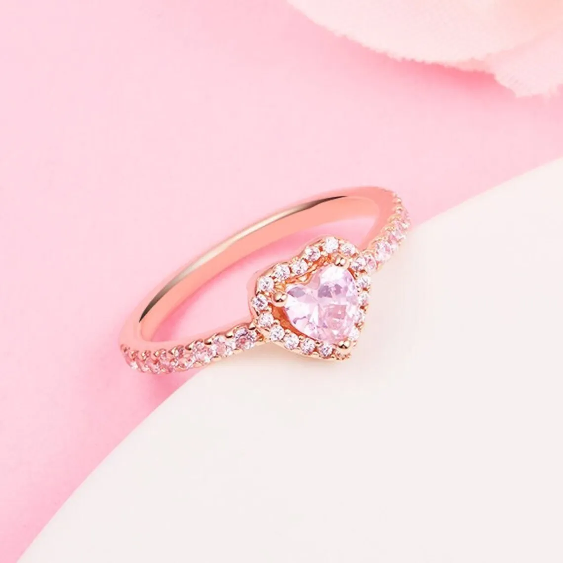 Plaqué Or Rose Pétillant Rose Coeur Élevé Bague Fit Pandora Bijoux Fiançailles Amoureux De Mariage Bague De Mode Pour Les Femmes