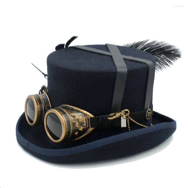 Berets Women Men Wool Handmade Steampunk Top Hat With Steam Punk Glasses Gear Feather Fedora Cosplay Party 4 Size 4Color