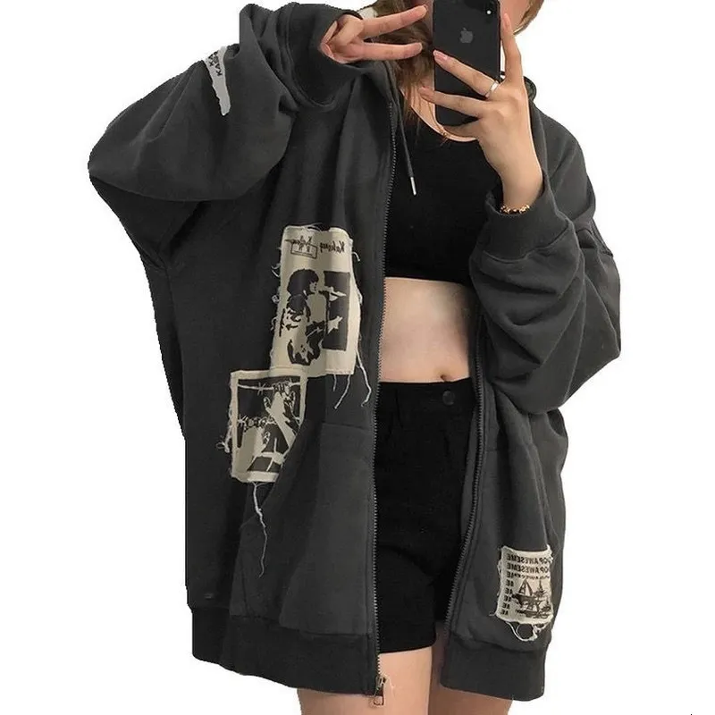 Damen Hoodies Sweatshirts Zip Up Hoodie Grunge Ästhetische Kleidung Übergroßes Sweatshirt mit Reißverschluss Vintage Y2k Tops Kawaii Mantel Frühling Herbst Streetwear 221129