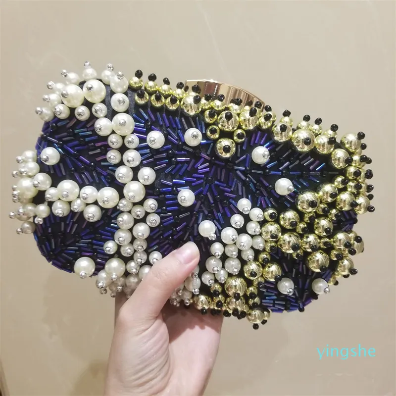 Kv￤llsp￥sar Kvinnor Clutches Party Luxury Handmade Blue Beaded Pearl Wedding Purse Chair Shoulder Female Bankettkl￤nning Koppling 221128