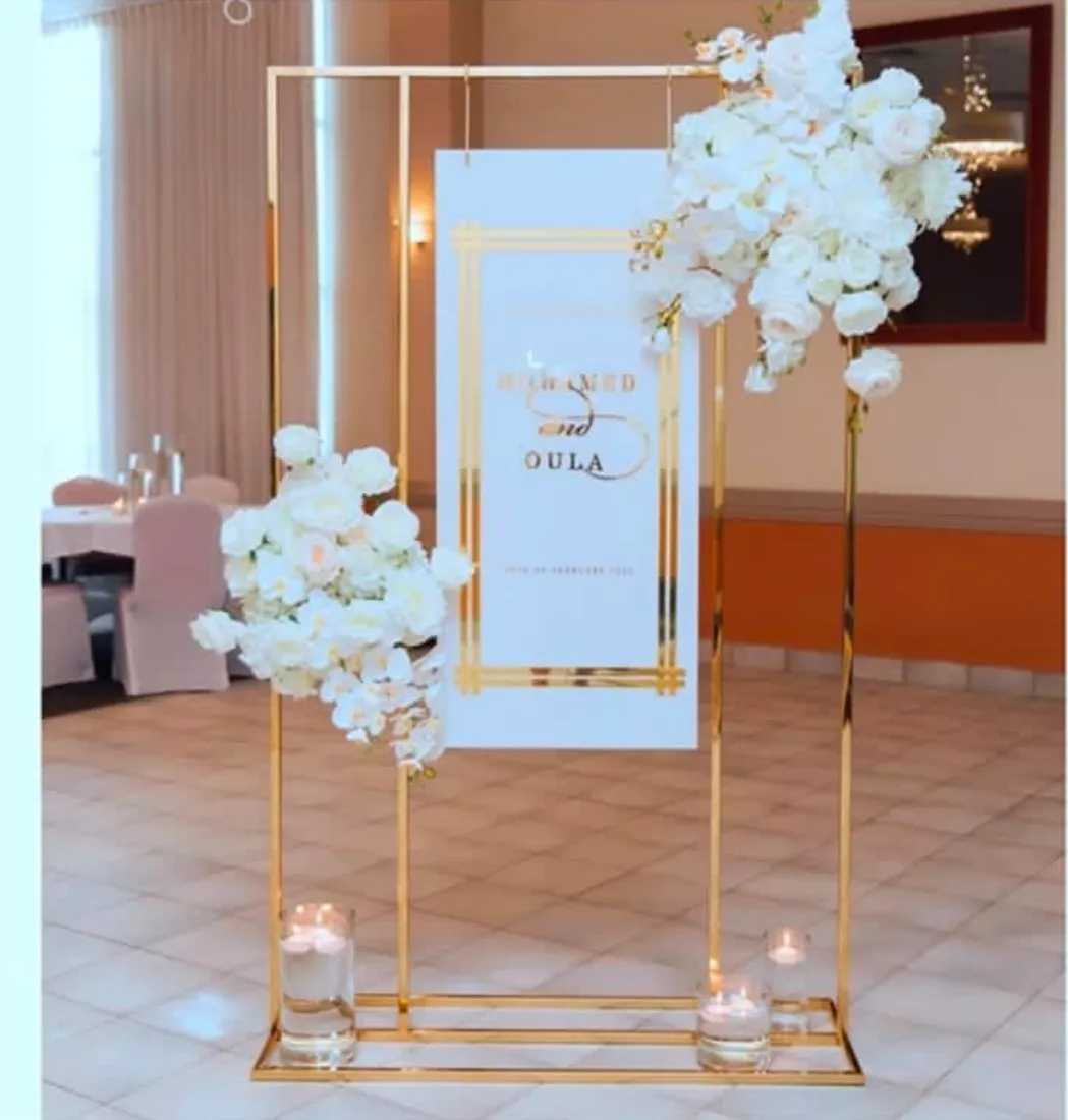 Evenement feest decoratie bruiloft boog vierkant achtergrond ballonstand achtergrond glanzend metaal goud platte buiten kunstmatige bloemdeur plank frame