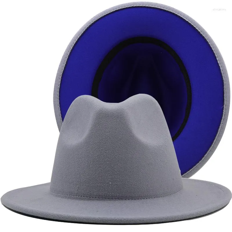 Berets Einfache äußere graue innere blaue Wollfilz-Jazz-Fedora-Hüte mit dünner Gürtelschnalle Männer Frauen breite Krempe Panama Trilby Cap 56-58 cm