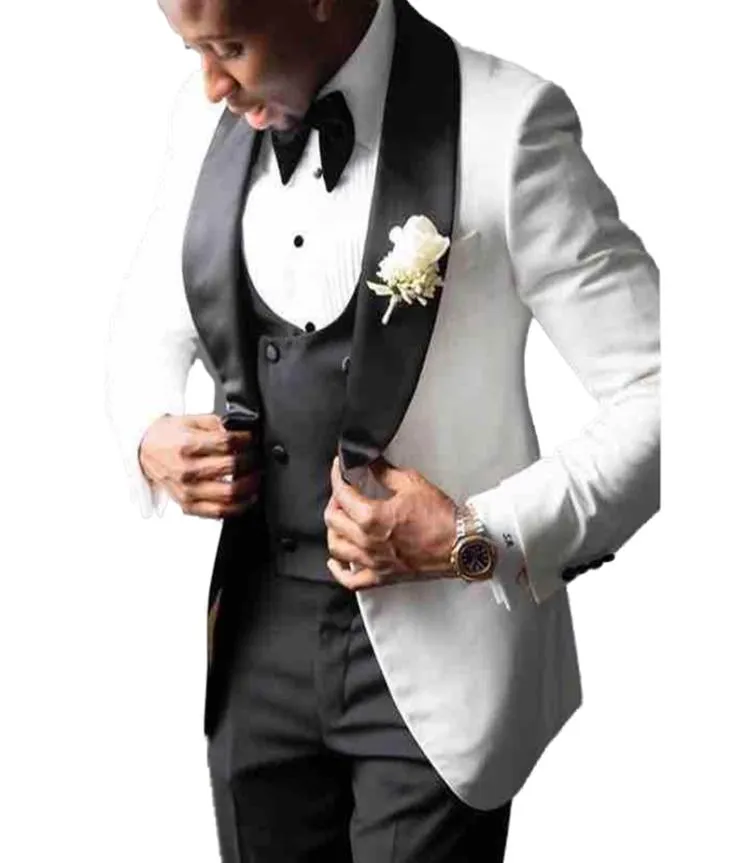 Classique de marié Costume de mariage formel Tuxedos Veste blanche et pantalon de châle noir 3 pièces Slim Fit Mens Prom Party Blazer Male D2628871