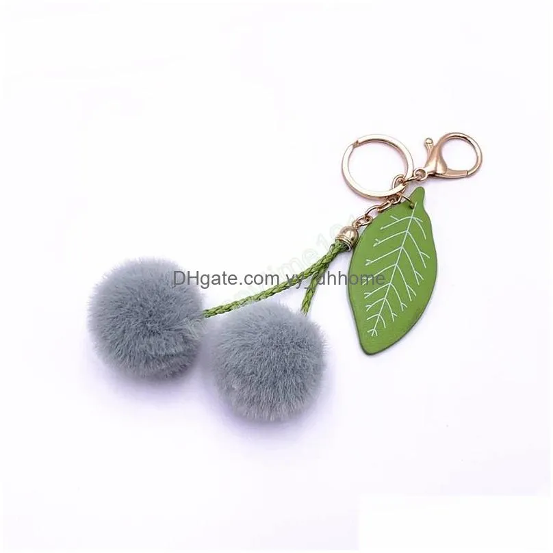 Key Rings Fashion Cherry Key Chain Fluffy Artificial Rabbit Fur Ball Pompom Leaf Keychain Charm Handbag Car Holder Pendant Gift 2022 Dhwkb