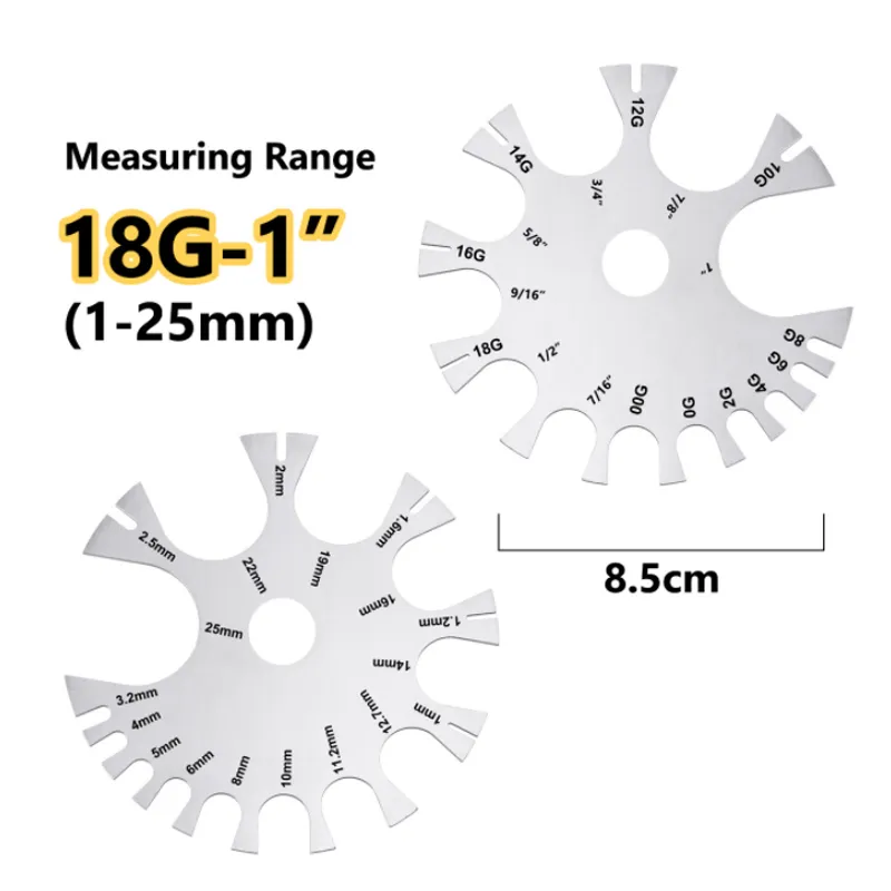 Strumento di misurazione del calibro per piercing per gioielli per il corpo in acciaio inossidabile Misuratori di spessore del filo La ruota misura 18G-0G