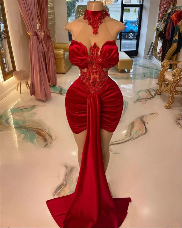 Red Velvet Halter evening Dresses For Black Girls Mermaid Mini Cocktail Dress With Train African Birthday Party Gown robe de bal