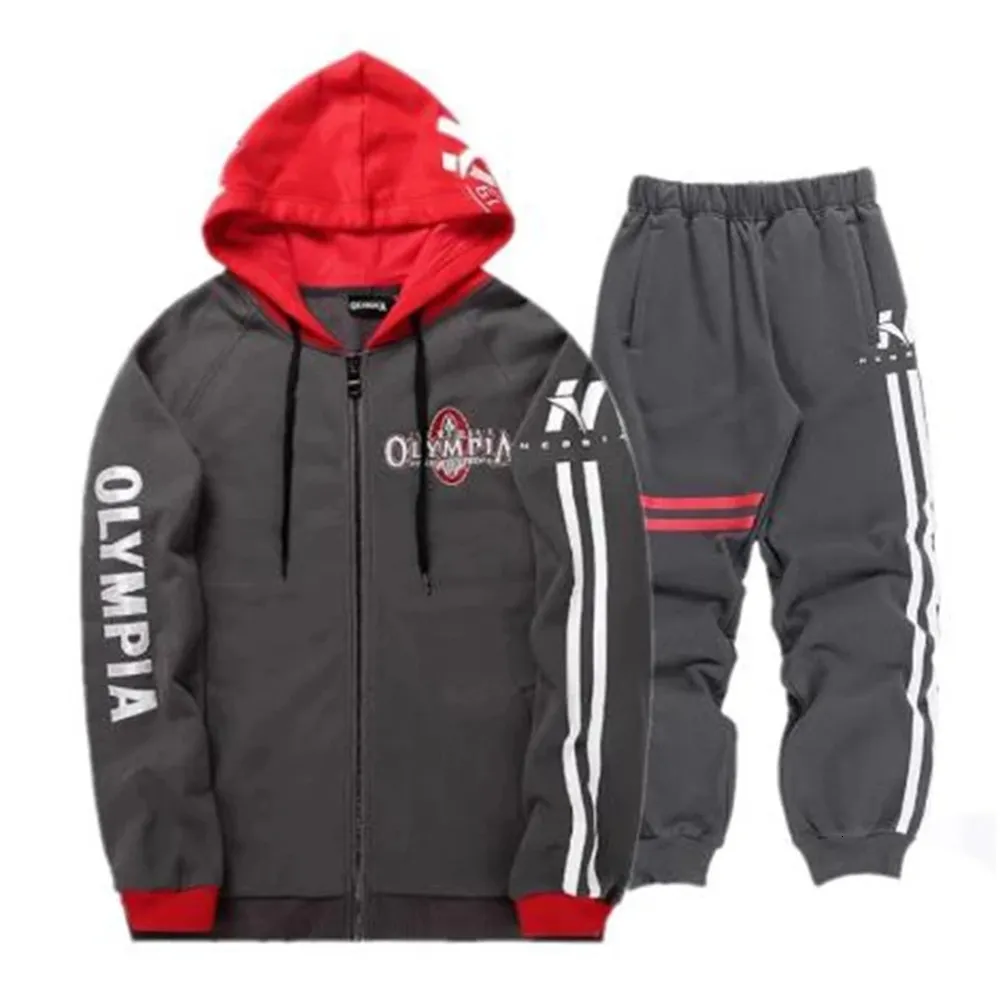 Tute da uomo Bodybuilding Uomo Set Felpa autunno Pantaloni tuta OLYMPIA Abbigliamento sportivo di marca Uomo 2 pezzi Giacca con cappuccio colletto alla coreana 221128