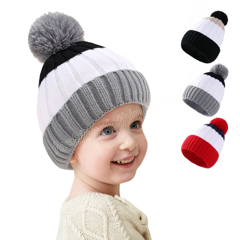 Baby stickad pompom beanie hattar vinter stickad kontrast färg rand hatt barn varm virkning mössor utomhus mössa