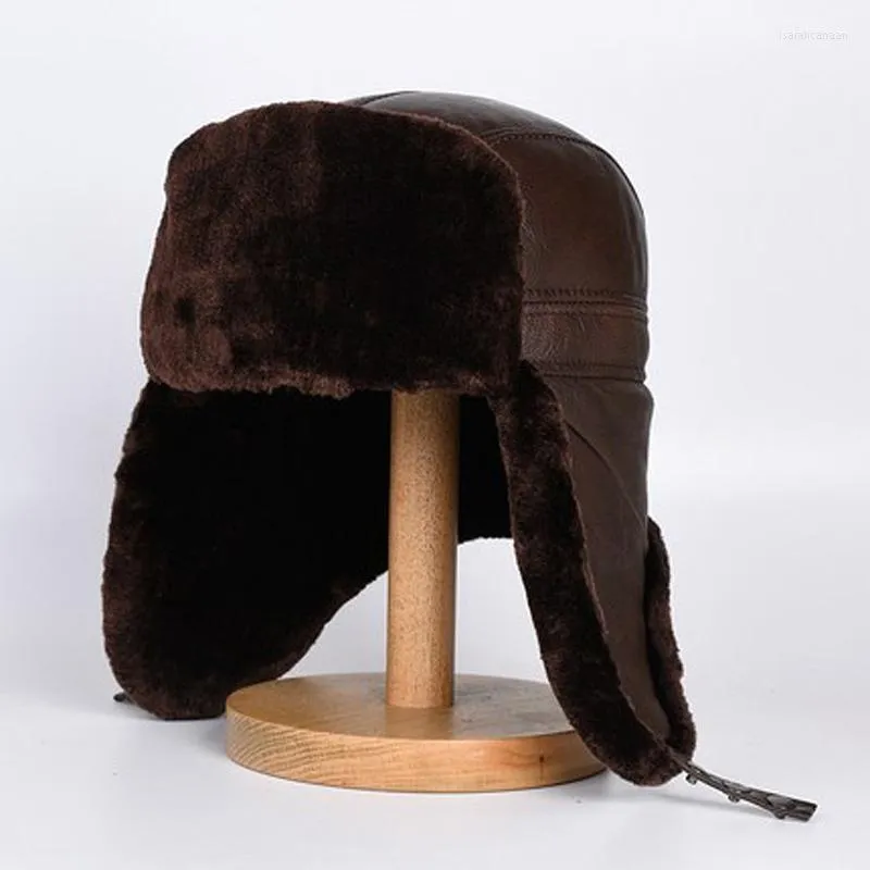 Berets Big Tab Hut für Männer Winter Männlich Echtes Leder Faux Pelz Warme Bomber Caps Ältere Outdoor Radfahren Winddicht Schnee Casquette