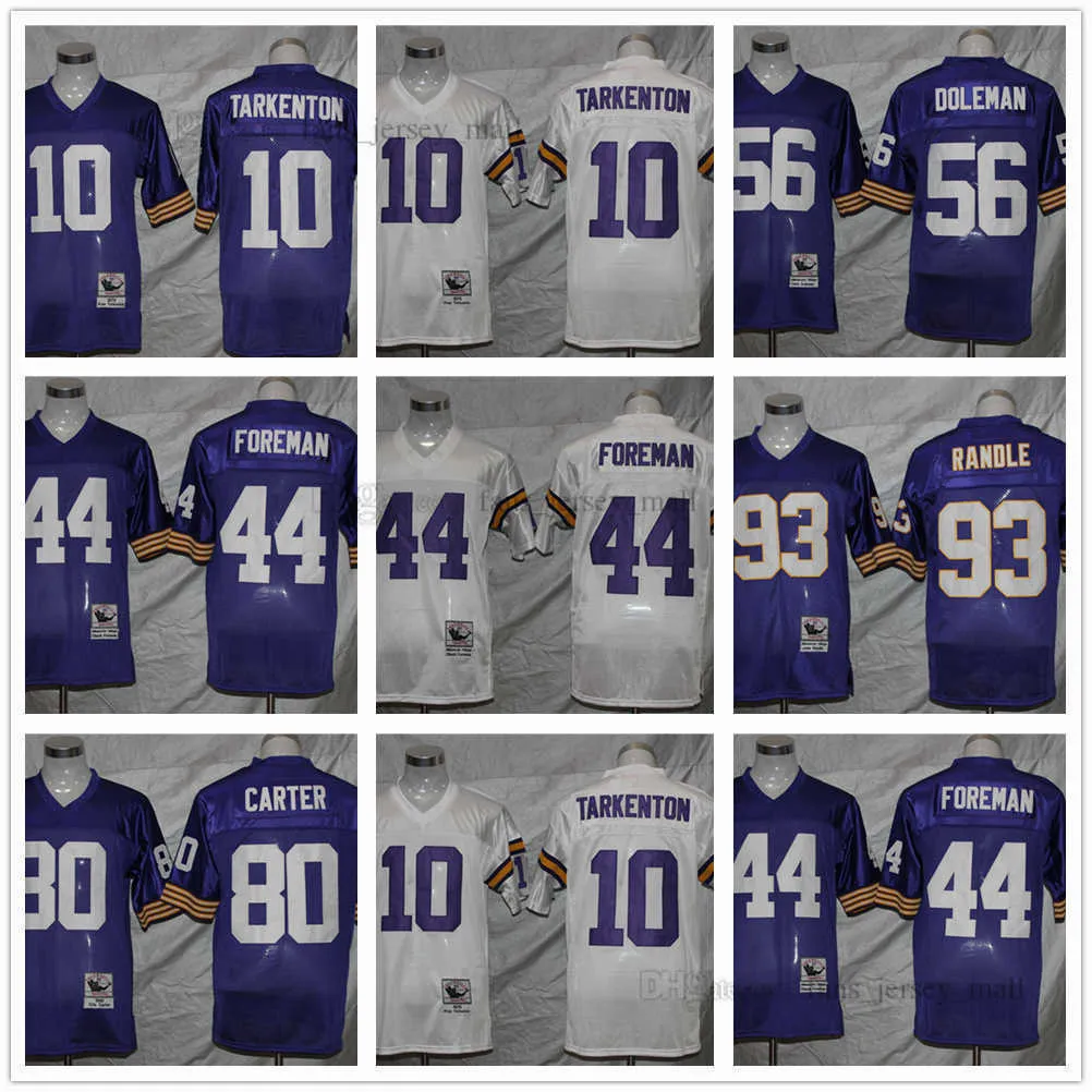 NCAA Vintage Foobtall 10 Fran Tarkenton Jersey 56 Chris Doleman 44 Chuck Foreman 80 Cris Carter 93 John Randle Maglie da calcio