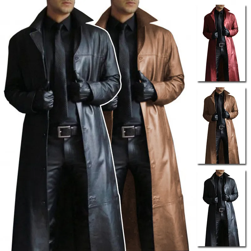 Heren Leer Faux Mannen Luxe Mode Middeleeuwse Steampunk Gothic Lange Jassen Vintage Winter Bovenkleding Trenchcoat 221128