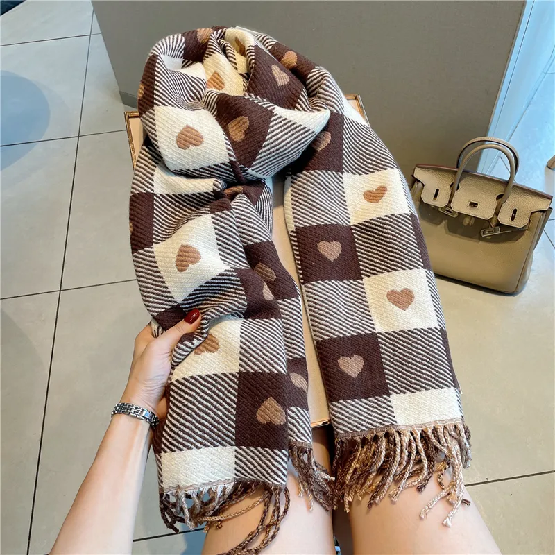 Scarves Luxury Brand Women Knitted Heartpattern Plaid Scarf Lovey Girl Winter Warm College Leisure Shawl Wraps 221129