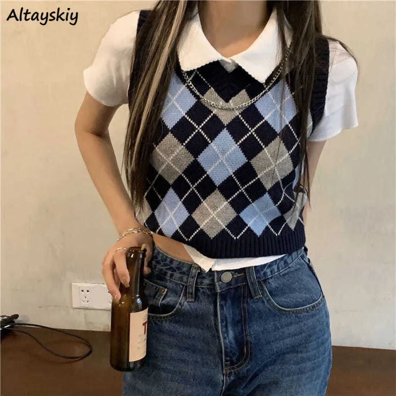 Women's Vests Sweater Women Argyle Crops Knitted Feminine Simple V-neck Streetwear Spring Student Preppy Style Chic Leisure Retro Soft 221129