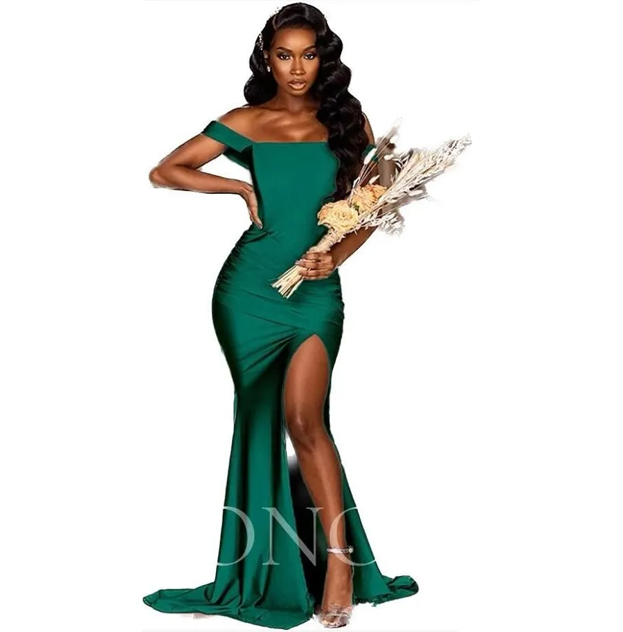 2023 Hunter Green Satin Party Dress for Wedding Side Split Bridesmaid Dresses Off the Shoulder Robe Elegant Gowns Weddings Evening2810