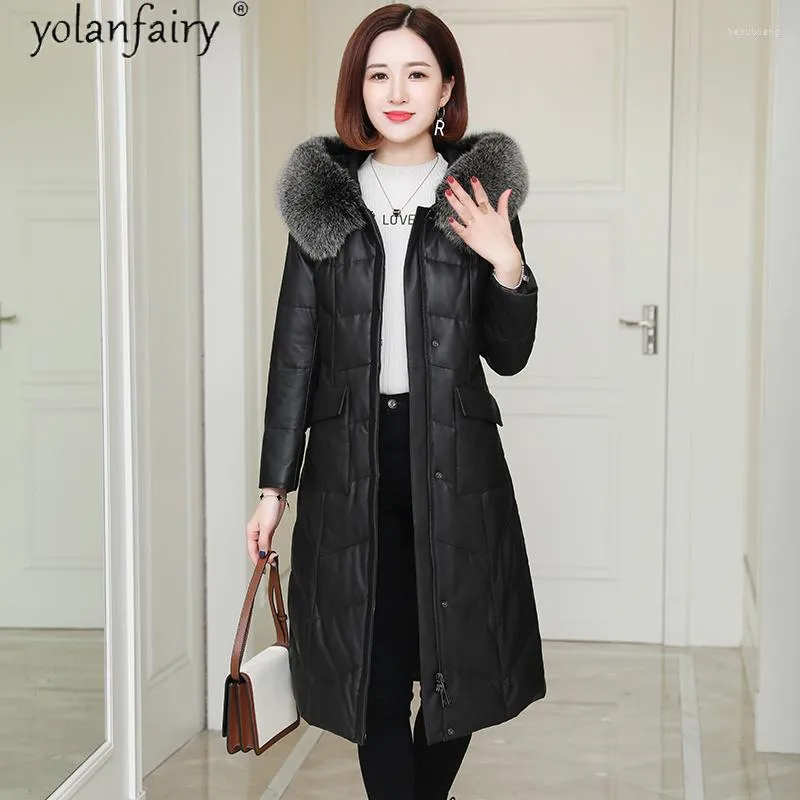 Women's Leather Coat Winter Sheepskin Real Jacket Women Fur Collar Hooded White Duck Down Jackets For Long Coats 2023 KJ5852