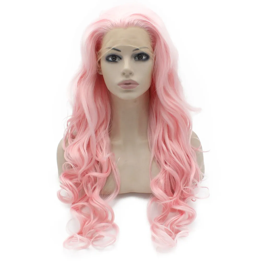 Perruque Lace Front Wig synthétique rose longue, cheveux en fibres résistantes à la chaleur