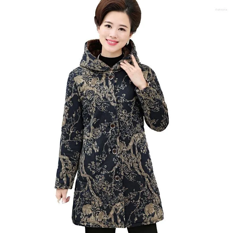 Women's Trench Coats Cotton Padded Parkas Middle-Aged Elderly Women's Coat Women Mid-Length Autumn Winter Clothes Thick Hooded Female