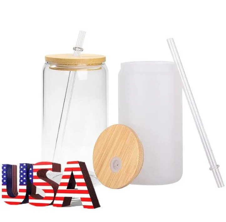 US Stock Local Warehouse 12oz 16oz Mugs Double Wall Sublimation Glass Beer Can Shaped Cups Tumbler Drinking Beer With Bamboo Lid C1130