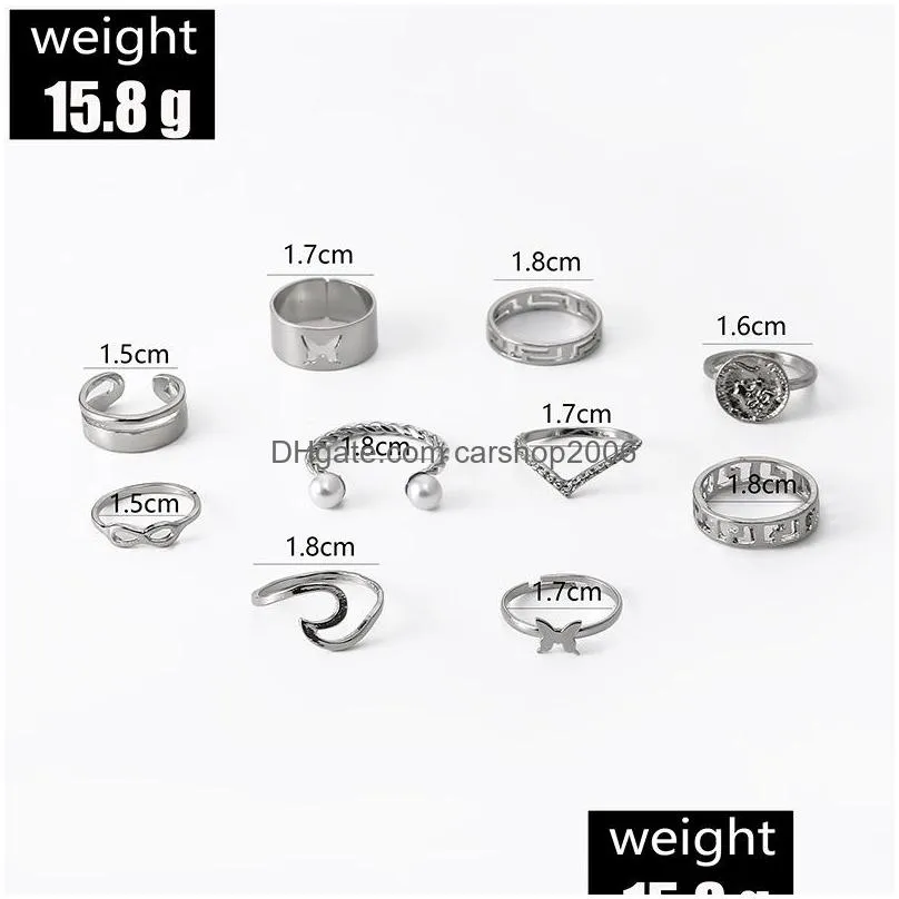 Band Rings Fashion Jewelry Knuckle Ring Set Sier Geometric Hollow Butterfly Stacking Rings 10Pcs/Set Drop Delivery Dhuq5