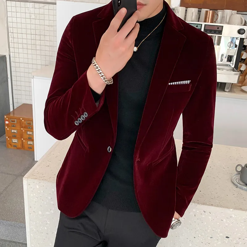 Мужские костюмы Blazers Burgundy Velvet Fashion Casual Wedding Singer Singer Costum