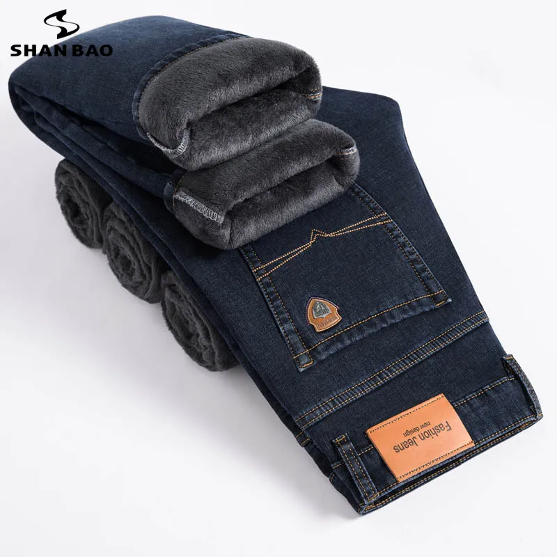 Jeans da uomo SHAN BAO Winter Brand Fit dritto in pile spesso caldo distintivo classico gioventù business casual denim a vita alta 221130