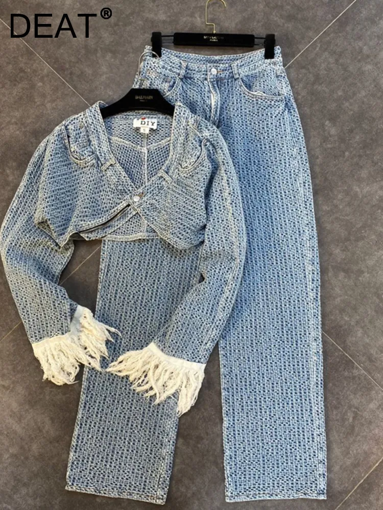 Dwuczęściowe spodnie damskie DEAT AUTUMN PROIRIVALS DŁUGO TASSEL Single Single Button Denim Krótki Jackethigh Talia Pełna dżinsy Zestaw Kobiety MK359 221130