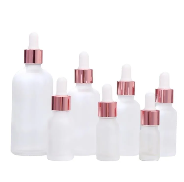 Flacone contagocce in vetro da 30 ml 15 ml Olio essenziale Bottiglie di siero bianco gelo da 10 ml con tappo in oro rosa SN383