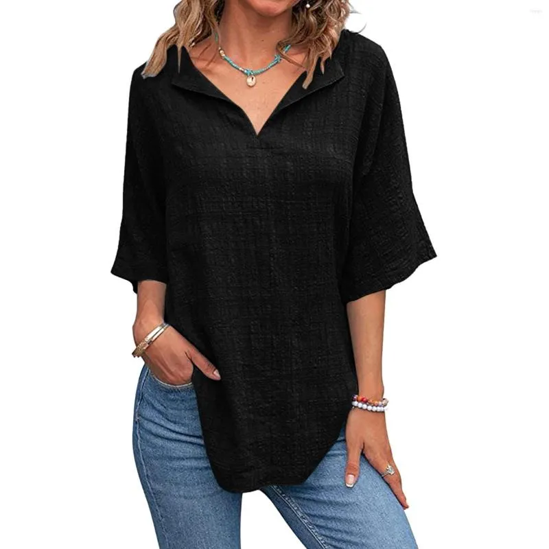 Women's Blouses Blouse For Women Plus Size Solid Color V Neck Shirts Short Sleeve Linen Tee Summer Loose Tunic Tops Blusas