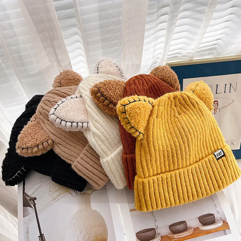 BeanieSkull Caps Cute Hat With Ears Warm Female Knitted Winter Cat Skullies Woman Outdoor Beanies Panama Lady 019 221129