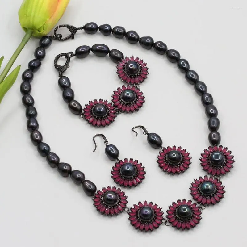 GuaiGuai – ensemble de boucles d'oreilles et collier, bijoux, perles de riz noires, rouge, cristal CZ, fleur, bracelets, cadeaux simples pour dames