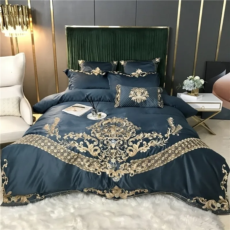 Bettwäsche-Sets, Marineblau, luxuriös, exquisite Gold-Royal-Stickerei, 60er-Jahre-Satin-Baumwoll-Set, Bettbezug, Bettlaken oder Spannkissenbezüge 221129