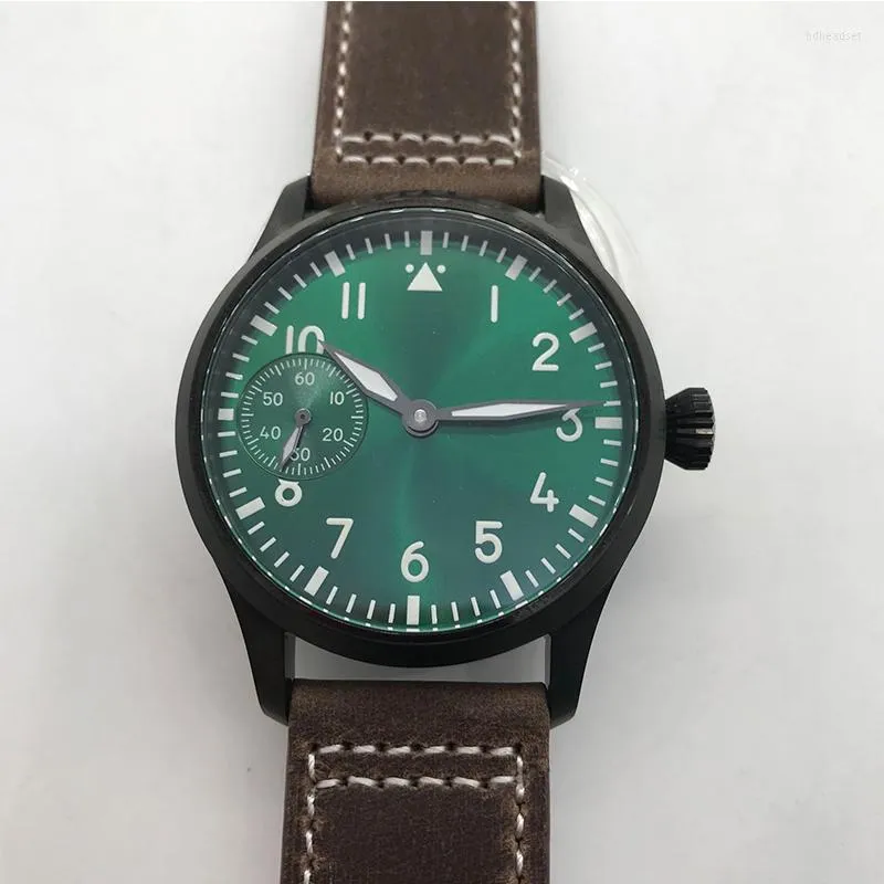 Orologi da polso 42mm Orologio da uomo a carica manuale Cassa nera Quadrante sterile Luminoso verde Impermeabile Meccanico Manuale Vetro zaffiro