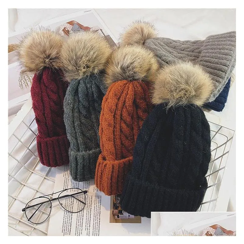 Beanie/Skull Caps Autumn Winter Womens Knitted Hat Warm Beanies Faux Fur Ball Caps Lady Drop Delivery Fashion Accessories Hats Scarv Dh50T