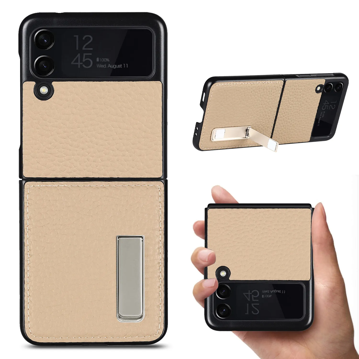 ￄkta Lychee Grain Leather -telefonfodral f￶r Samsung Galaxy Z Flip3 5G Magnetic Invisible Bracket Solid Color Business Protective Shell Suffproof