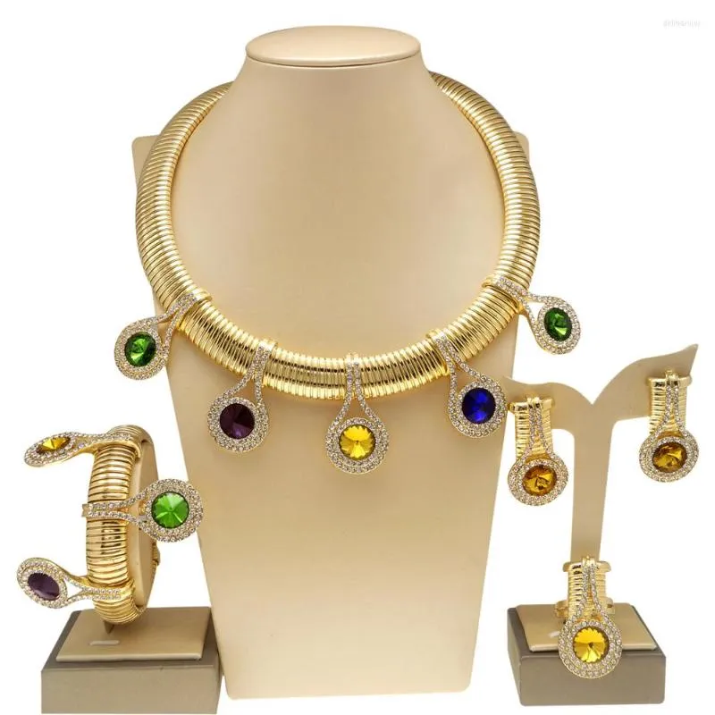 Ensemble de boucles d'oreilles et collier pour femmes, bijoux originaux 24k, magnifiques pierres colorées, simples, à la mode, Bracelet de luxe, Banquet de mariage