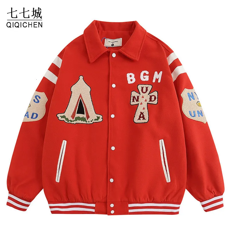 Kurtki męskie High Street Baseball Jacket Men Kobiet Letter Hafdery Retro Hip Hop Płaszcz Kolor Block Para Casual Motorcycle Bomber 221129