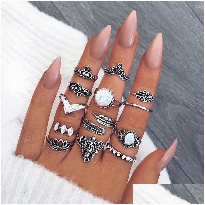 Bandringar Fashion Jewelry Ancient Sier Knuckle Ring Set Opal Crown Flower Elephant Stacking Rings Midi 13pcs/Set Drop Delivery Dhywv