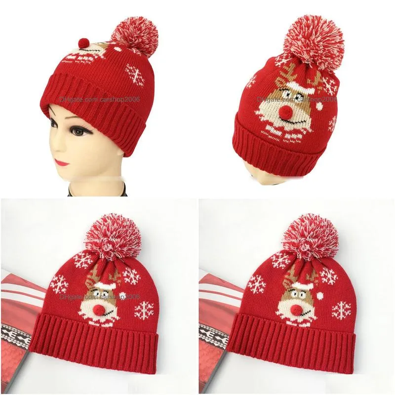 Beanie/Skull Caps Autumn Winter Christmas Hat Snowflake Jacquard Pattern Red Hem Wool Ball Caps Big Girl Womens Knitted Beanies Warm Dhgch