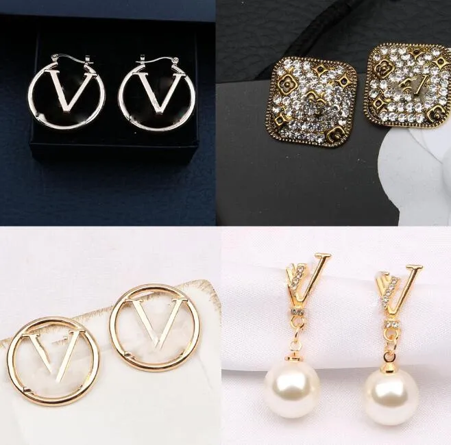 18K pozłacane marka projektant V litery Stud luksusowe kryształowe geometryczne kobiety Rhinestone perła długi kolczyk wesele biżuteria na przyjęcie akcesoria