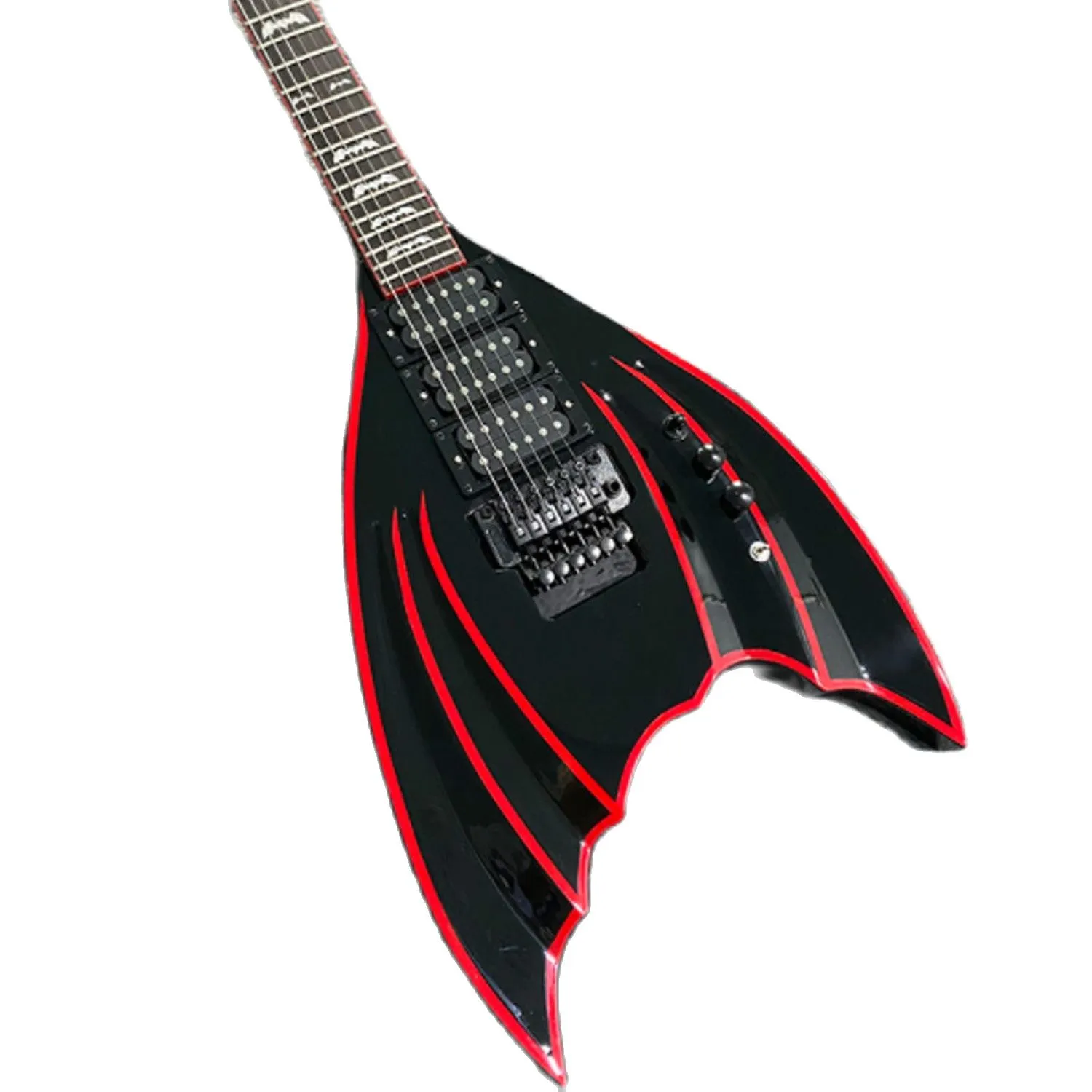 Lvybest Guitare électrique chinoise Couleur noire Système de trémolo duplex Corps en forme de chauve-souris