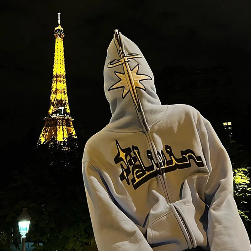 Embroidered Mens Y2K Streetwear Hoodie: Oversized Full Zip