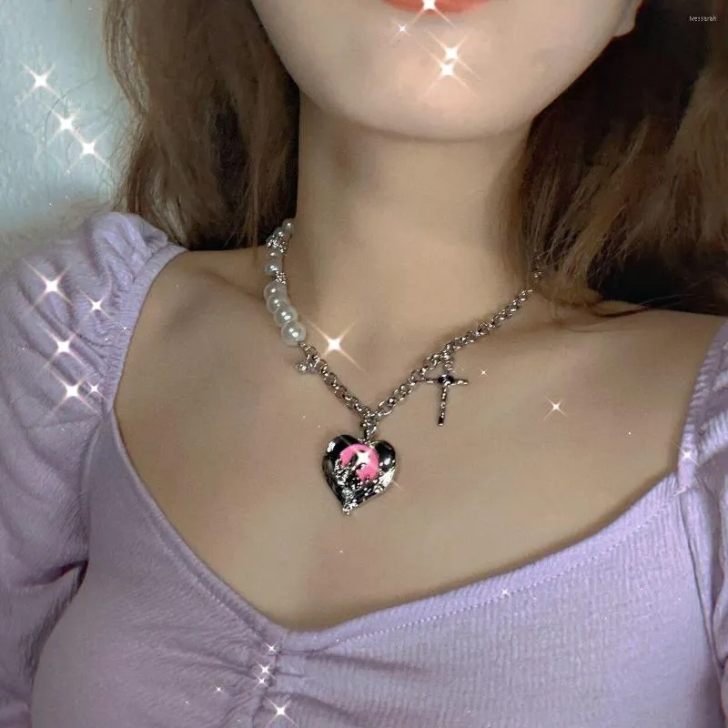 Choker gotisk hjärta hänge halsband för kvinnor estetisk grunge kedja pärlor tillbehör egirl indie krage smycken vänner gåva