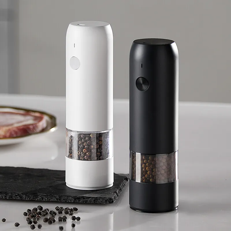 Mills Electric Automatic Salt and Pepper Grinder Set Raddbar med USB Gravity Spice Mill Justerbara kryddor Köksverktyg 221130