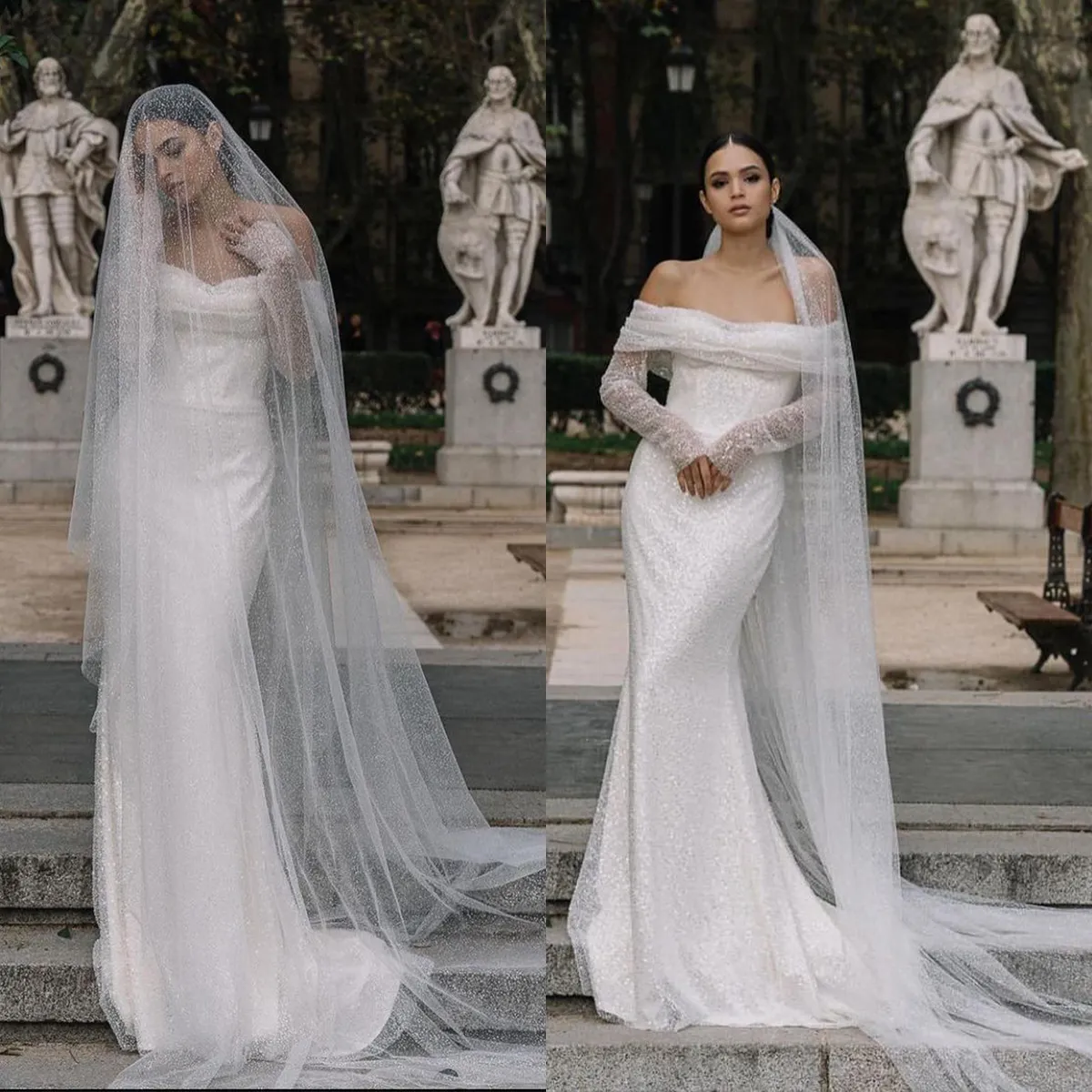 Glamoureuze zeemeermin trouwjurken strapless van de schouder lovertjes lovertjes lange mouwen hof jurk op maat gemaakte plus size bruidsjurk Vestidos de novia