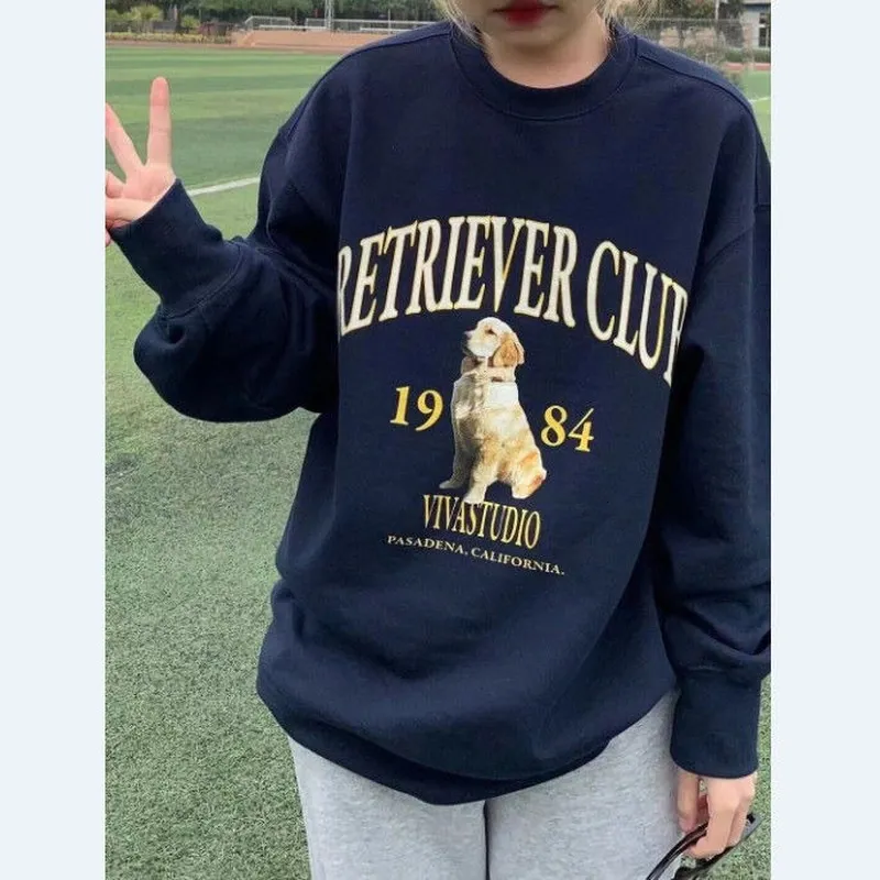 Damen Hoodies Sweatshirts Vintage Navy Dog Print Brief Pullover Sweatshirt Frauen Dünne Herbst Streetwear Paar Langarm Crewneck Koreanische Tops 221129