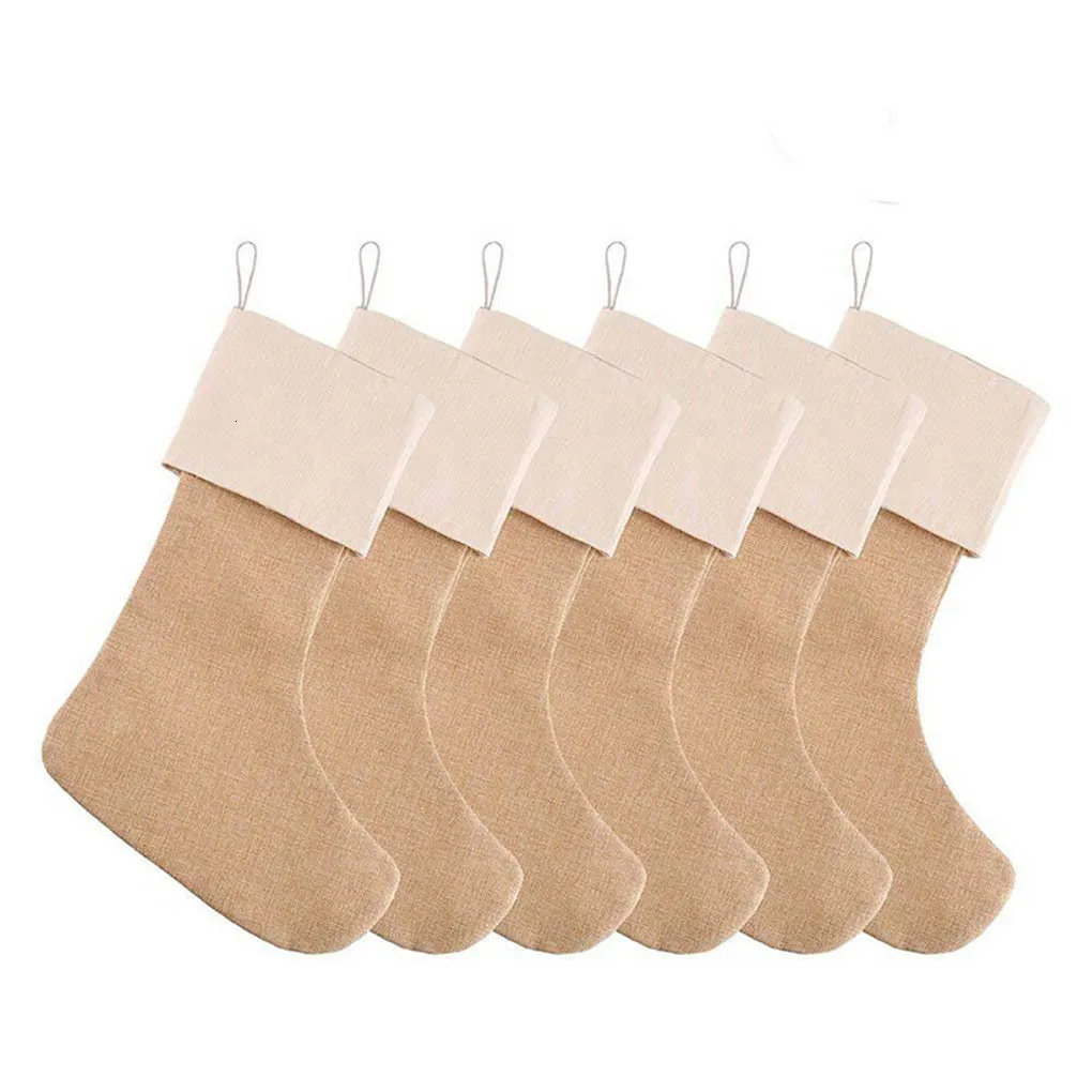 Décorations de Noël 6pcs / set toile de jute grands bas jute bas de Noël plaine cheminée décor décoration chaussette arbre ornements 221130