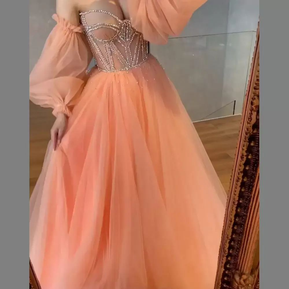 Burnt Organt A Line Princess Prom Dresses for Women Beads Plus Size Sweetheart Crystals Puffy Long Sleeves Tulle Formal Wear Party Gowns Custom Made