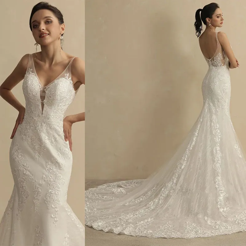 Vestido de noiva de renda de sereia 2022 para mulheres v pescoço sem costas, vestido de noiva vintage sexy